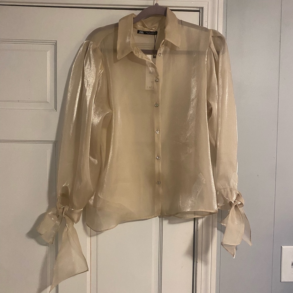 NWOT Zara sheer blouse shirt gold bow sleeve Women L Large